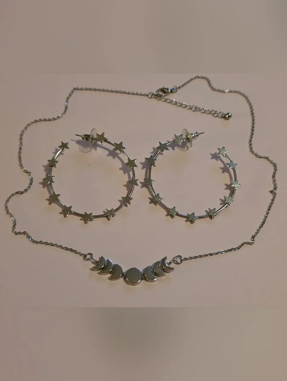 Silver-Toned Star Hoop Earrings and Moon Phase Necklace Set